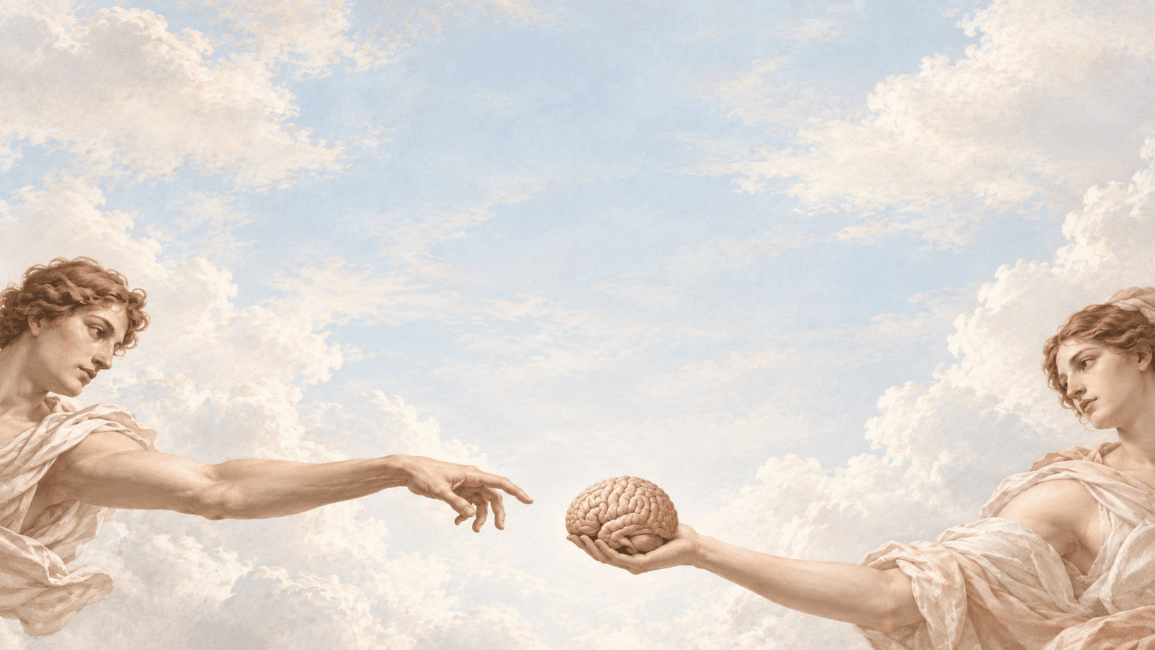 Classical figures reaching toward a brain held between them.